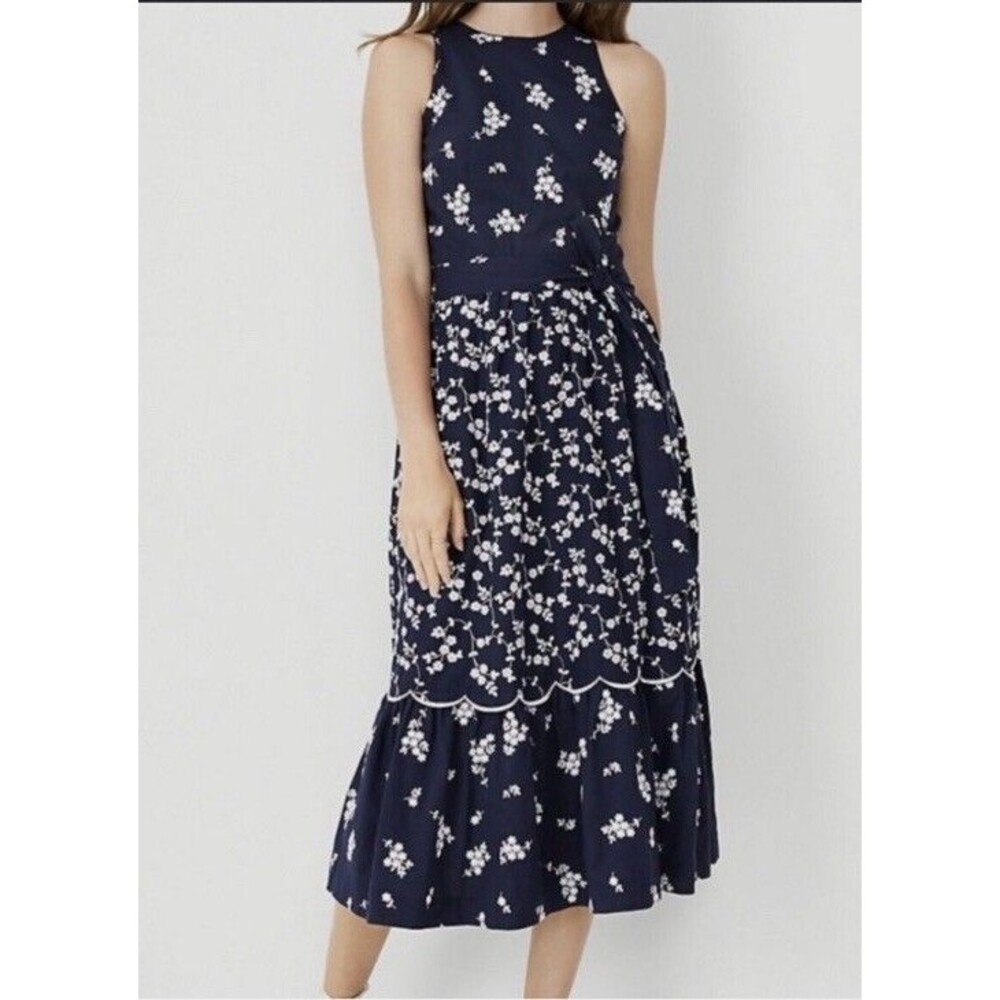 NWT Ann Taylor Floral Embroidered Midi Cottage core Dress sapphire blue Size 6